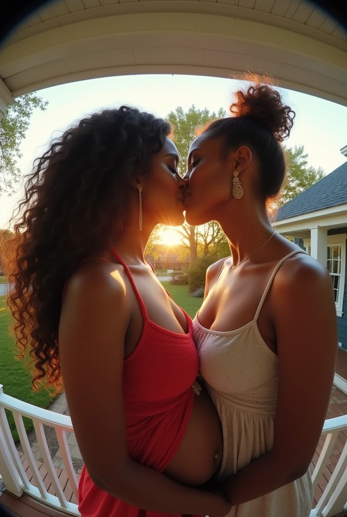Your eye view of pregnant mother Cardi B plus size version and kissing her partner on the porch of the house. fisheye camera view, iphone camera style. 8k hd, realface, cinematic. High detail