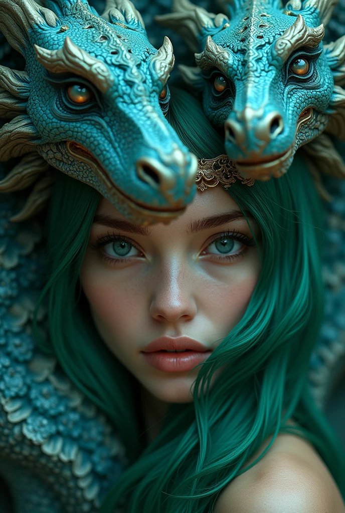 a close up of a woman with green hair, fantasy creatures, blue dragon, masked, photoreal elegant, green and blue colour palette, the element woman.