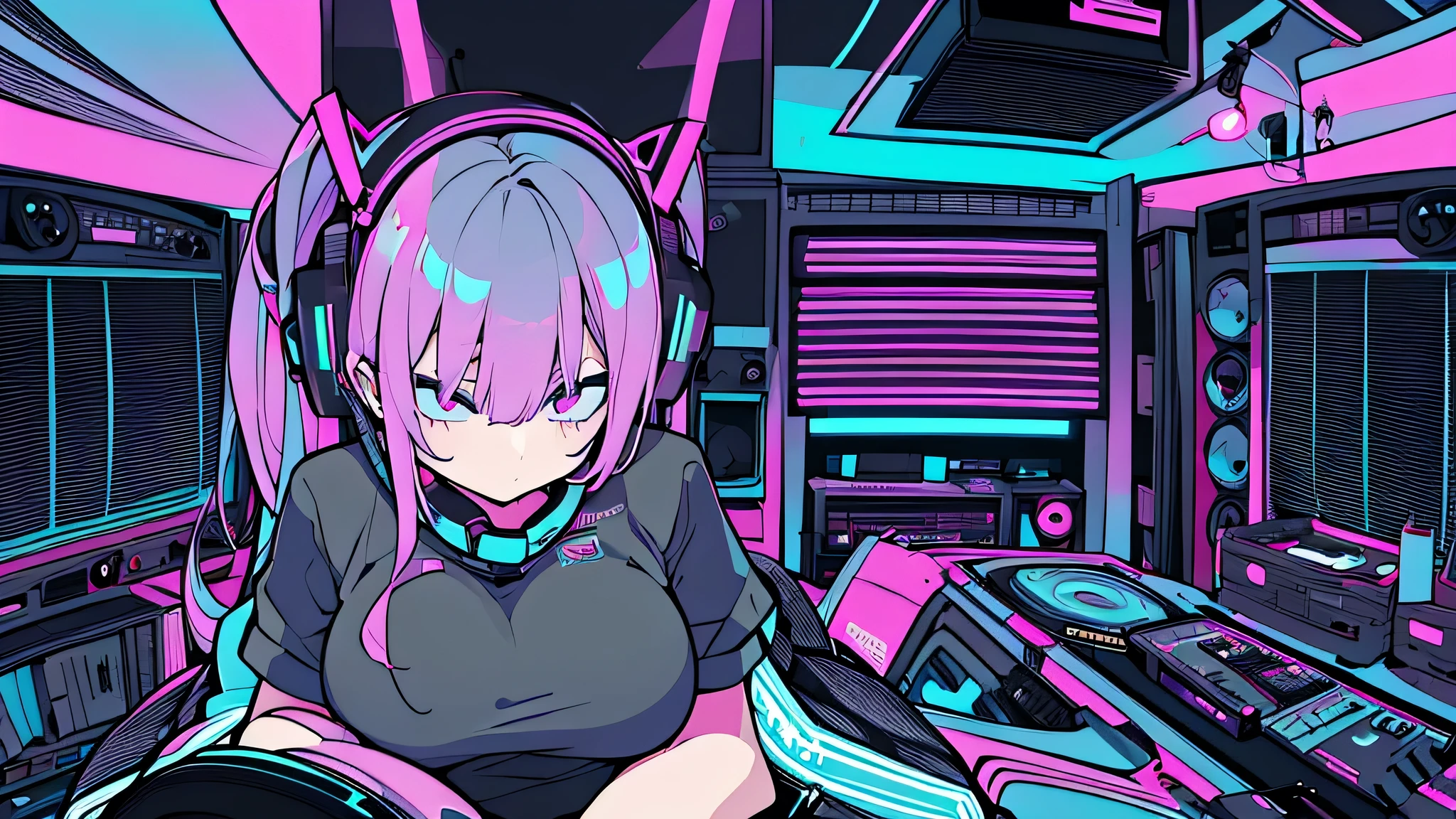 Best quality, (masterpiece), best detail face,1 girl, big breasts, 18 yo, 8k,absurdres,unity 8k wall paper,(extremely detailed:1.3), highest realistic, (retro headphones:), (soft neon light:), (psychedelic), Her room full of music equipment and records, sports wear , See the whole room , dark grey color pallet