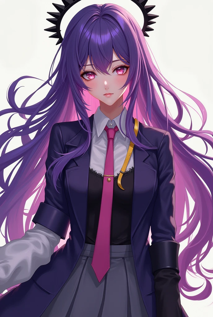 Beautiful long haired girl. Her front hair colours are purple, yellow and 1 pink strand hair. Her back hair colour is brown. She has a black halo. She wears dark purple jacket and pink tie. Her right sleeves is white and her left sleeves is black. She wears a gray skirt