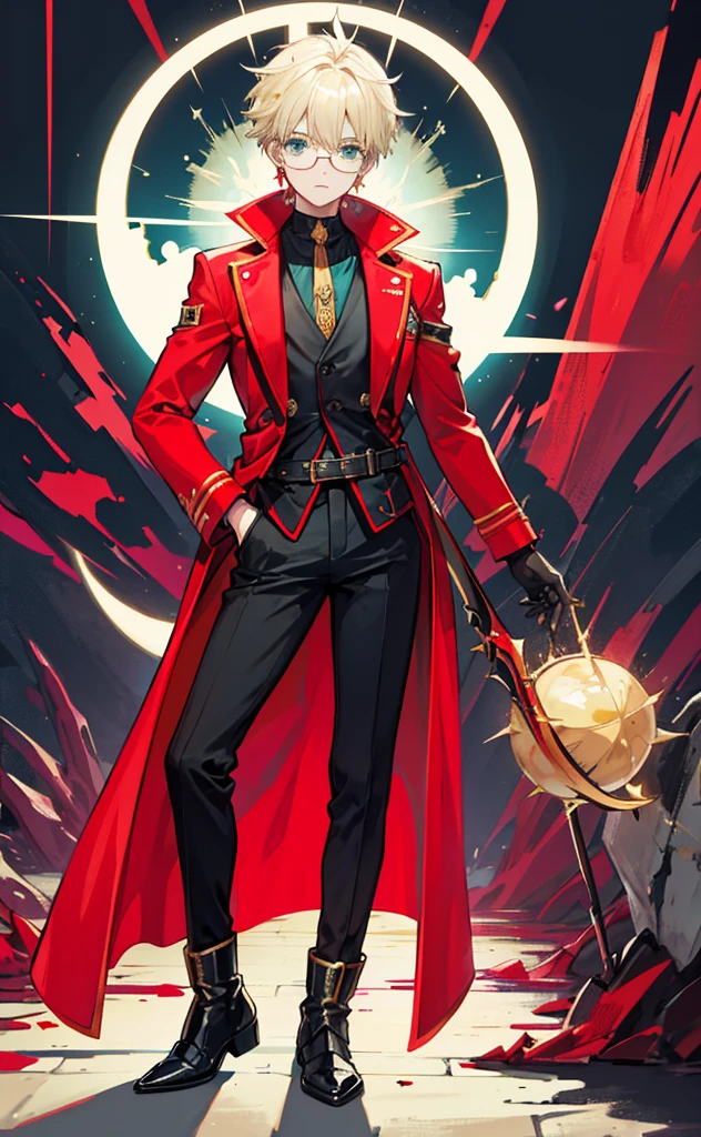 Vash, male focus, blonde hair, spiky hair, aqua eyes, mole under eye, single earring, orange eyewear, round eyewear, scars, red coat, high collar, thorn coat, robotic arm, elbow pad, black gloves, black pants, belts, knee pads, black boots,[revolver],AddXL,
(Pray)(noche)(noche estrellada )(luna llena) (pétalos de geranios rojos )( Brisa)  (jardín de geranios rojos) 