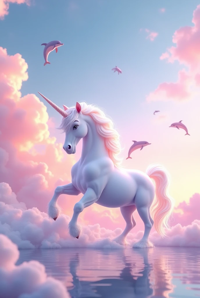 Unicorn in the pink sky with cute clouds and dolphins