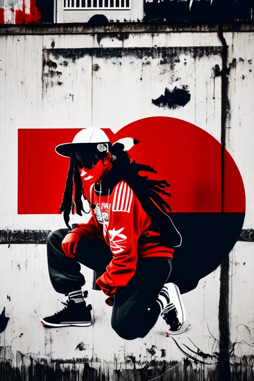 A background filled with Japanese flag in various sizes and colors、
Creative logo illustration of a silhouette with dreadlocks and red headphones,
Banksy、
A background completely filled with scattered musical notes in various sizes and colors, covering the entire screen.
singer、microphone、Japanese、
beautiful girl colorful image
Dance hiphop Dance CREW Waacking Dance
Punking
black medium hair black medium hair
Five fingers Baggy clothes Baggy clothes
HIPHOP crew、
the Japanese flag, background,patriotic,minimal,simple,bold colors,graphic,flat design,clean