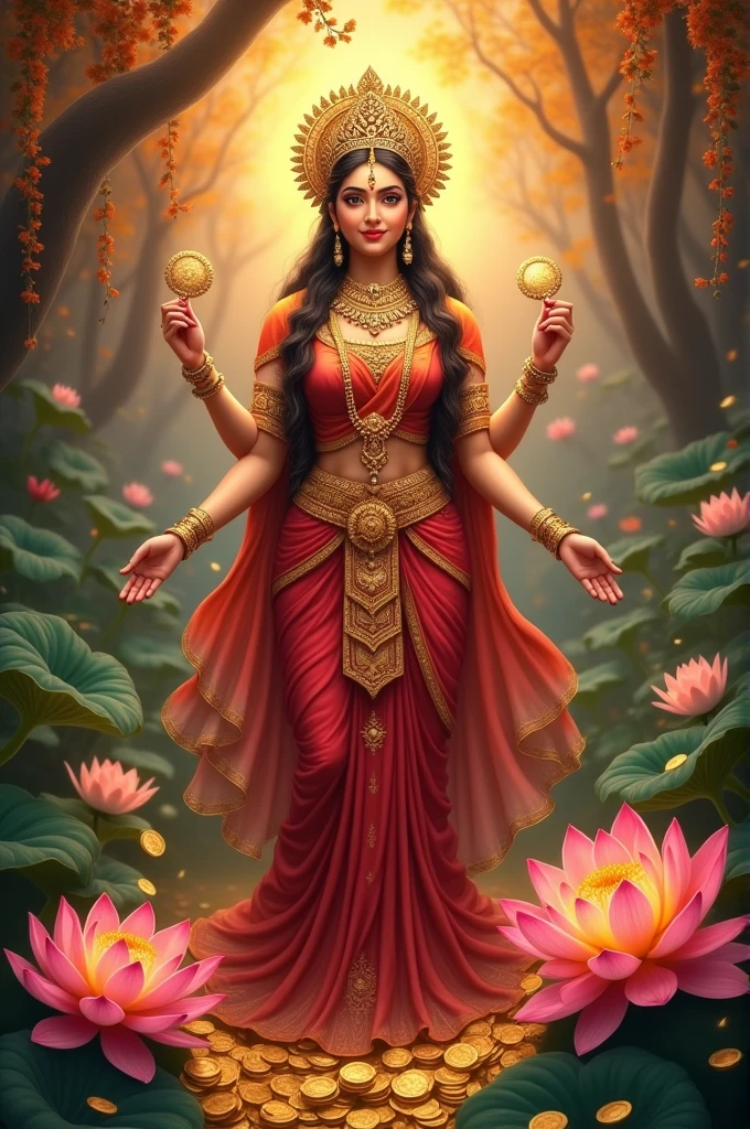 Create a high-quality background image featuring Mata Lakshmi, the goddess of wealth, in a serene and radiant pose. The background should use rich, vibrant colors like gold, deep red, or green. Incorporate subtle symbols of prosperity, such as lotus flowers or gold coins, to enhance the theme of financial success and problem-solving. The design should be visually striking but balanced, with Mata Lakshmi as the central focus."