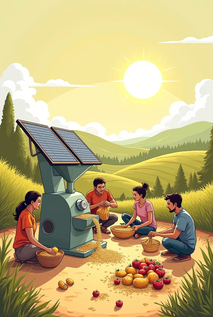 Make a sketch showing how grains are cleaned and ground with a solar-powered grain mill., while fruits are dehydrated in a solar dehydrator or processed in a solar food processor