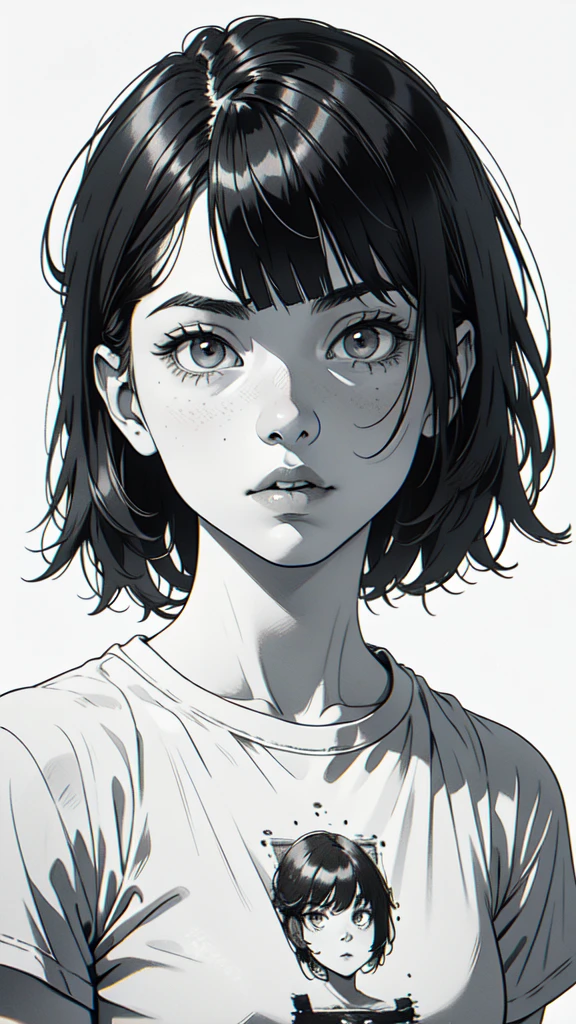 1 boyish girl, solo, sharp eyes, monochrome, greyscale, short black hair, portrait, white T-shirt, thin eyebrows, closed mouth, looking at viewer, graphite \(medium\), detailed lips, hatching \(texture\), without makeup, full bangs, upper body, (best illustration), (best quality), (very detailed), (masterpiece), expressionless,