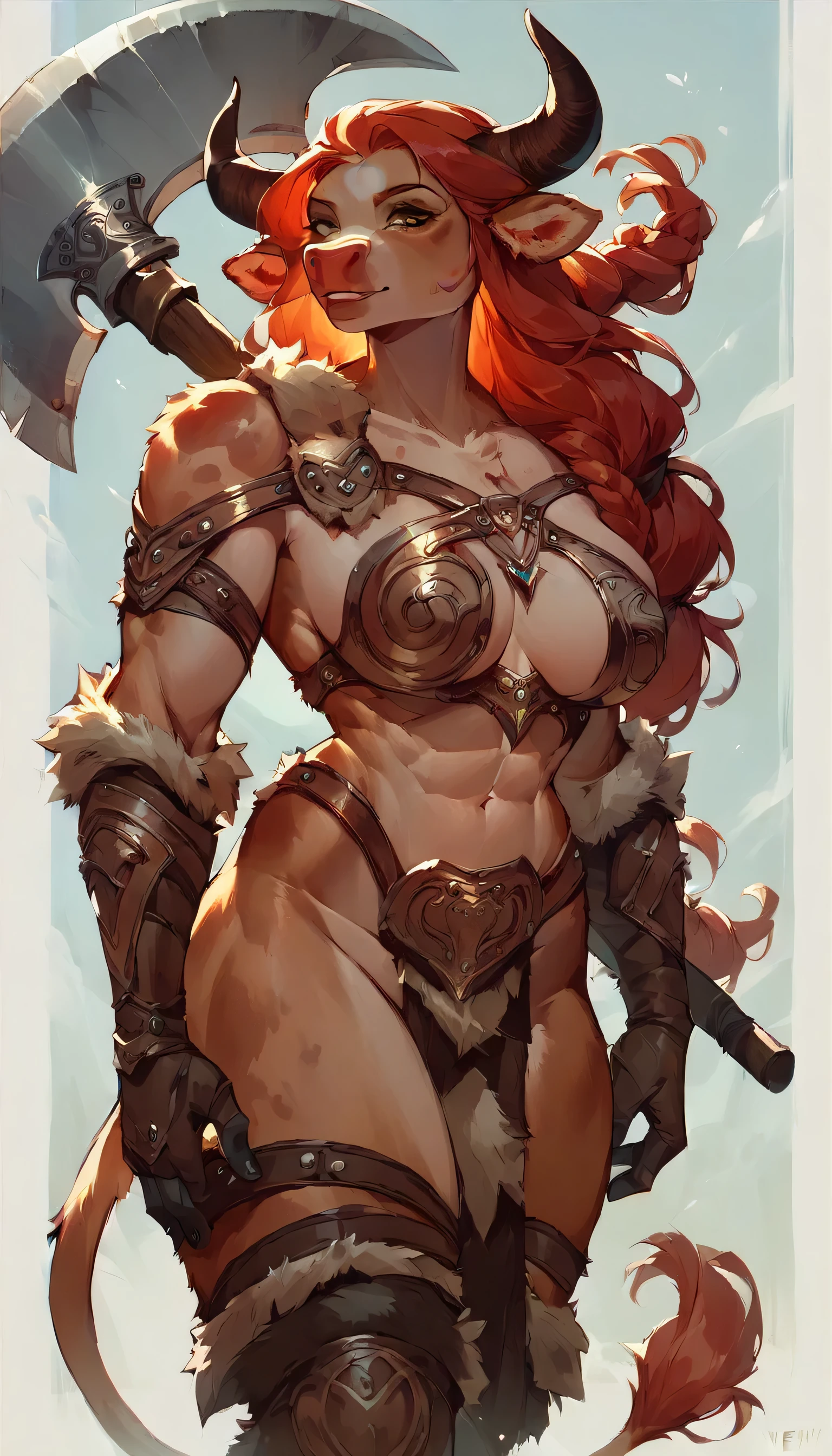 (NSFW, Revealing Armor:1.3), y bovine woman, Furry, spotted fur, long red hair, viking style hair, large bovine great Axe