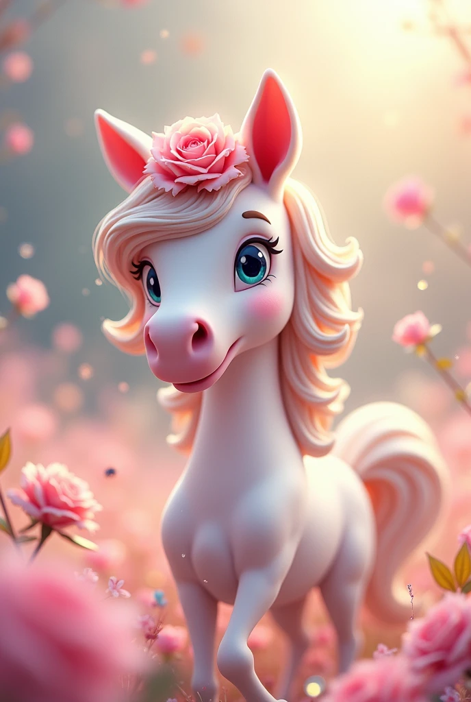 A gay horse with roses on his head and milk on his face
