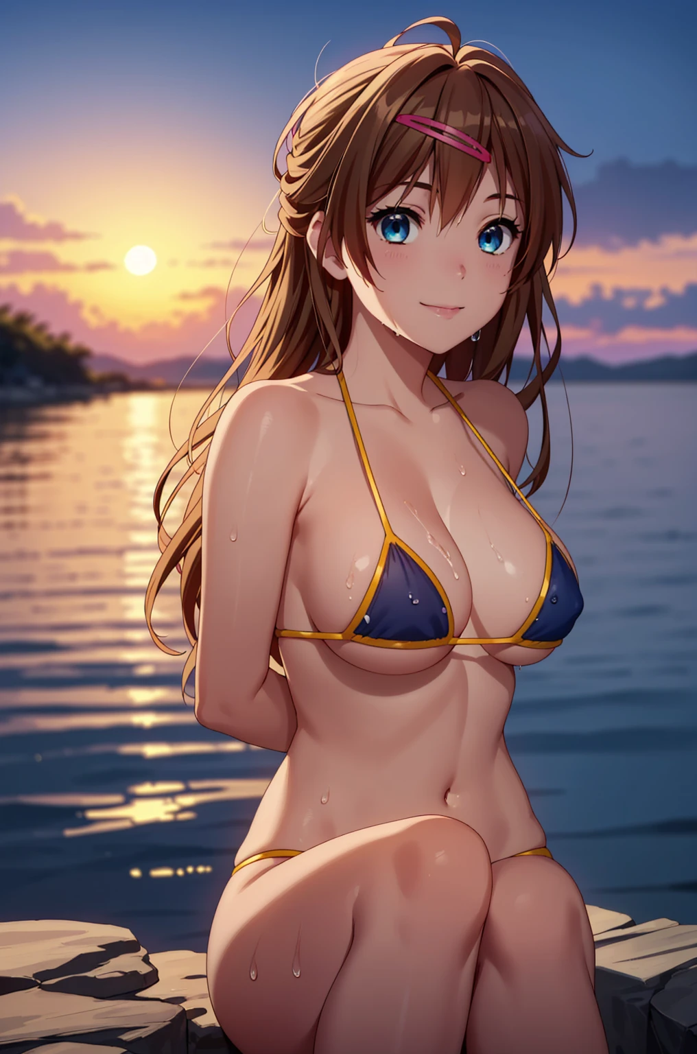 ((masterpiece, Highest quality, High resolution, uhd, Pixel perfect, Depth of written boundary, 4K, RTX, HDR)), 1 Girl, single, alone, 24-years-old, Anime Girls, Beautiful art style, anime character, ((Parted bangs, Brown Hair)), (blue eyes、Round eyes, Delicate eyelashes、Beautiful eyelashes, Perfect Eyes), (Detailed face:1.2), (Smooth texture:0.75, Realistic texture:0.65, Realistic:1.2, Cinematic, Anime CG Style), Perfect body、Moderately good breasts:1.7、Micro Bikini:1.8、Visible from the side:1.9、Wet、Water Drop、Splash、nsfw、もっとView from below、smile:1.8、Bra shoulder straps:1.8、In the sea:1.8、Sit with your knees bent:1.8、Visible from the side:1.8、The whole body is visible:1.8、View from below、Wind、Tropical、sunset、Put your arms behind your back:1.8