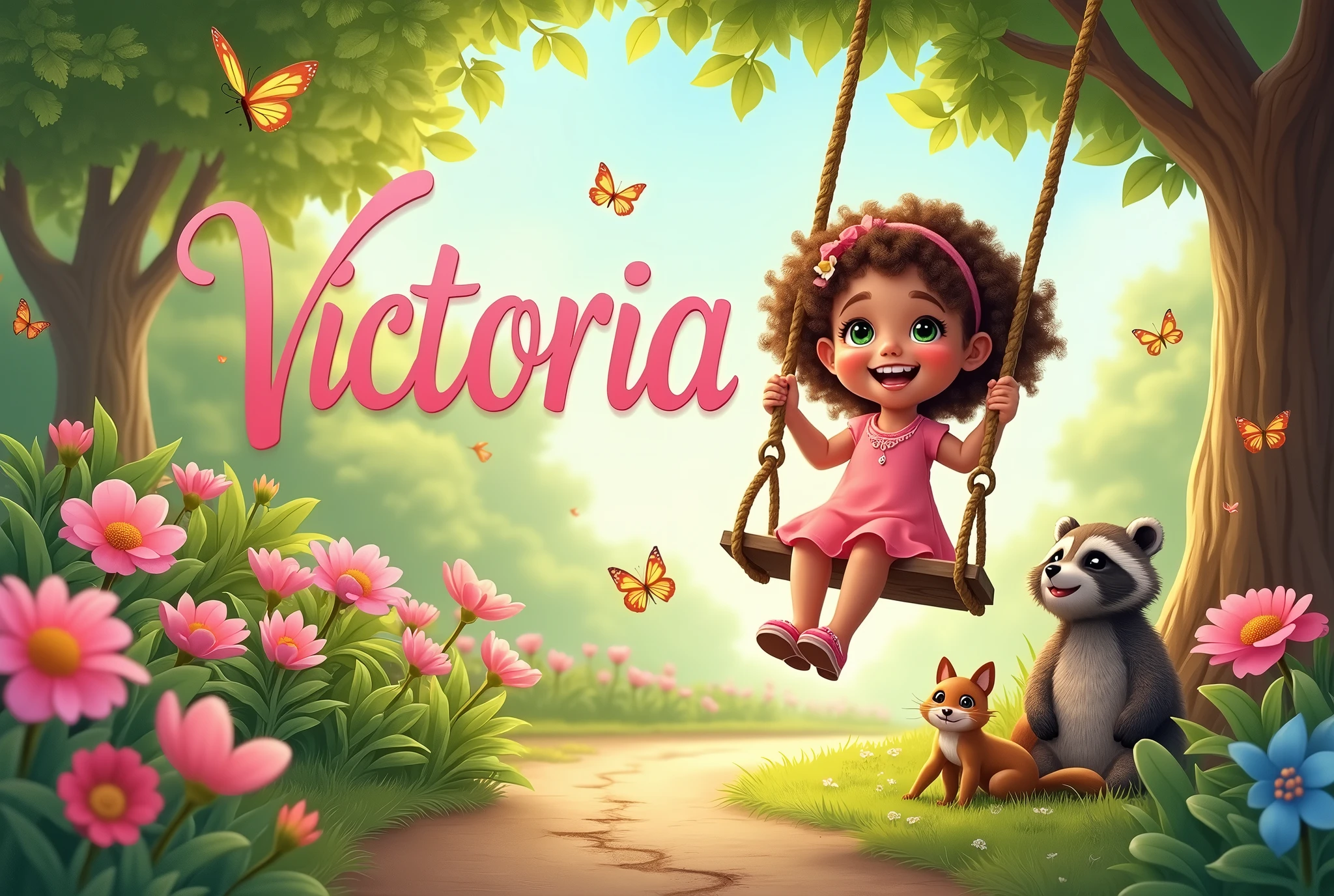 beautiful big garden in spring leaves flying,A Tree Swing,various animals, butterflys, squirrel, raccoon, a smiling brown  in a baby  dress , with curly hair on the swing playing, flowers along the dirt road,large image of the name Victoria written in light baby pink in the background, high resolution ,width twice as large as height