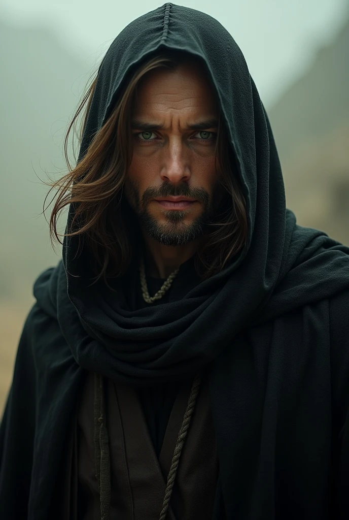 male star wars character with black poncho and green eyes long brown hair no beard and sad and hopeless expressions