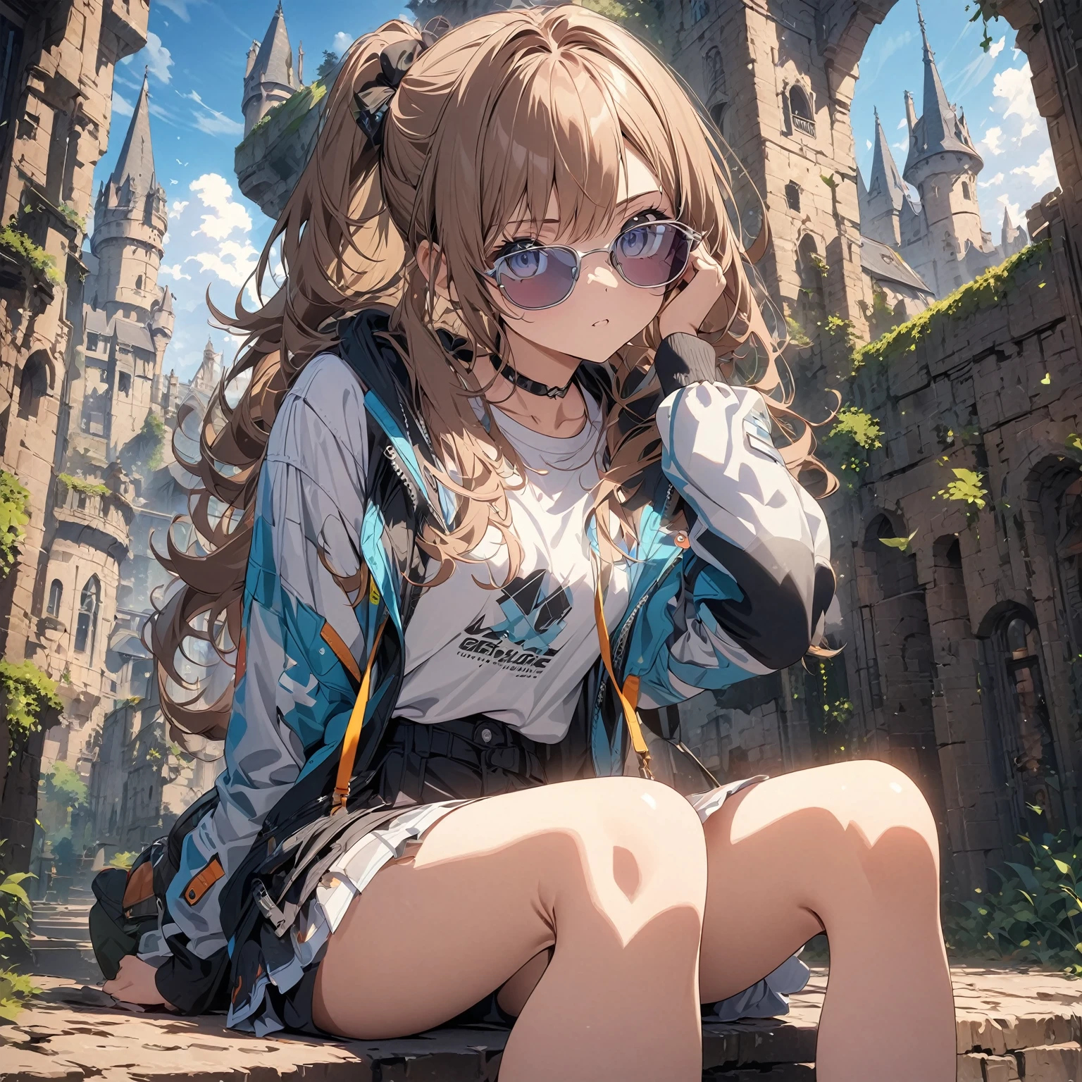 anime style,score up_9,score up_8,score up_7,source_anime,masterpiece,best quality,super fine illustration,super detailed,8k,メイド,girl,18yo,sunglass,solo,cute,BREAK she is sitting with seeing at viewer,BREAK in castle ,detailed background,beautiful background,