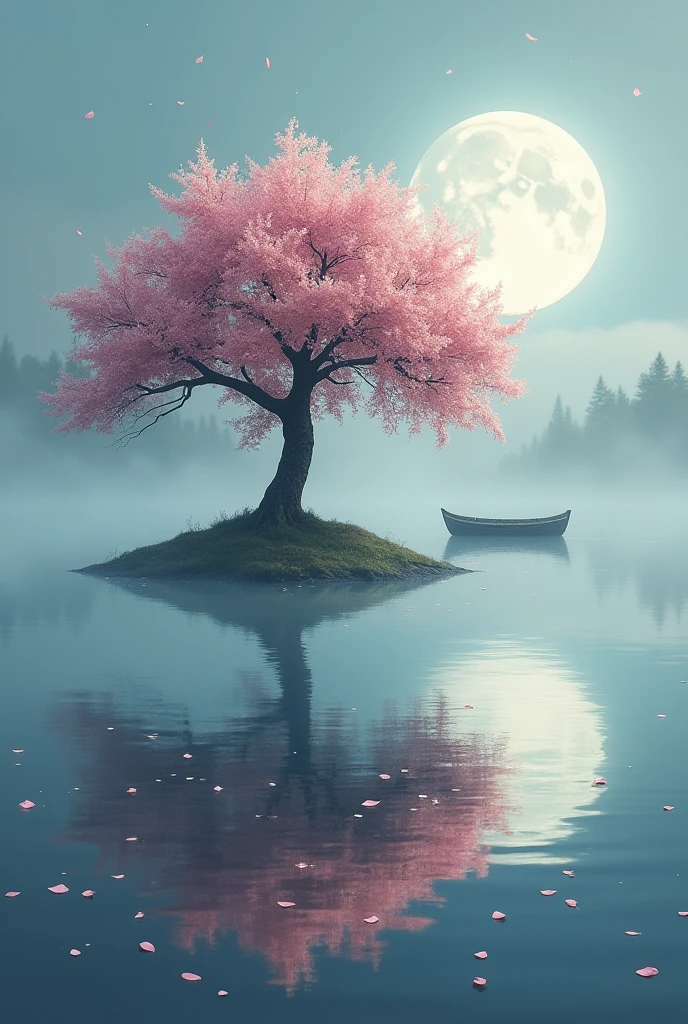 「A small island in the middle of a misty lake。There is a huge cherry tree on the island.、The petals are fluttering across the lake。On the surface of the lake、The full moon is projected、There&#39;s a fantastic light all around。There&#39;s an old boat on the lake、Standing quietly