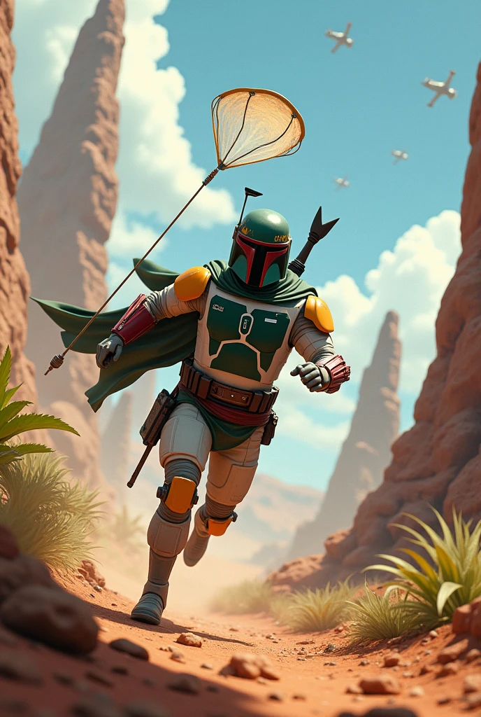 Boba Fett running with a butterfly net、Star Wars、movie、Mandaean、