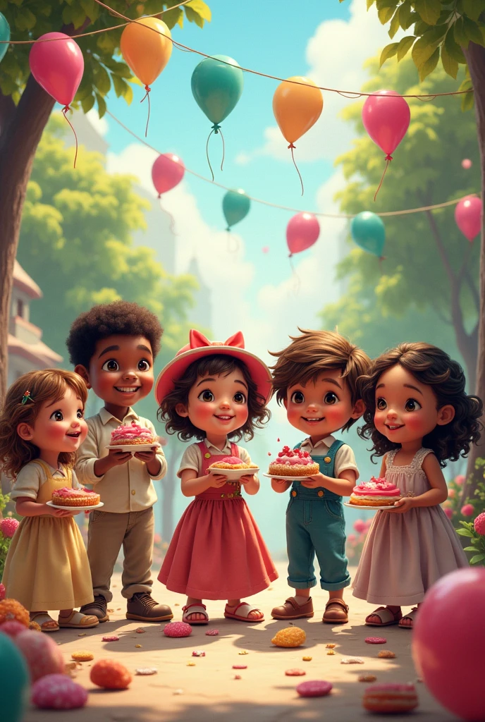 Children of various ethnicities eating sweets and playing in period clothing, colored image, lots of sweets and toys to have fun, balloons, Cosmas and Damian