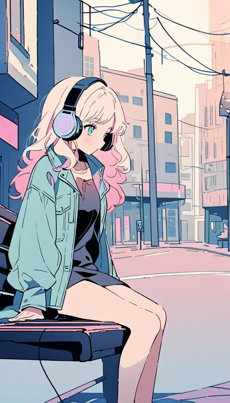 "A cute anime-style girl sitting on an urban bench, embodying a lo-fi, nostalgic atmosphere. She has fluffy, long, wavy light-colored hair, wearing headphones, and a casual outfit: a dark shirt or dress with a loose coat that reaches above her knees. Her legs are slender and elegant. The background features a street with buildings and utility poles, drawn with minimal lines and pastel colors, evoking a soft, bright, and relaxed vibe. The scene incorporates elements of a cyberpunk world, blending modern urban life with a slightly futuristic, nostalgic feeling."