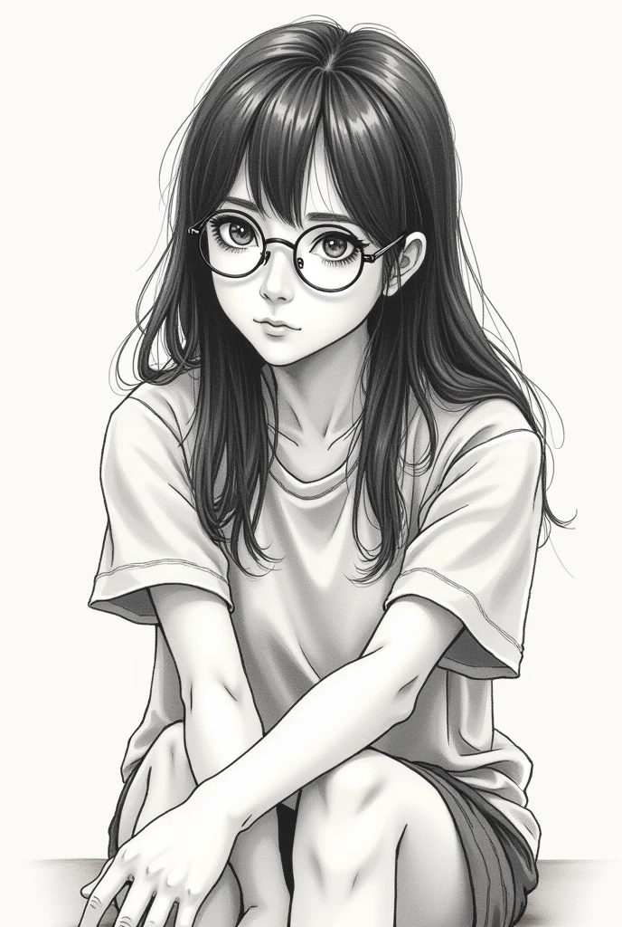 Freehand drawn illustration of a girl sitting down with long black hair (not so long) without bangs and round glasses and it looks like a sketch