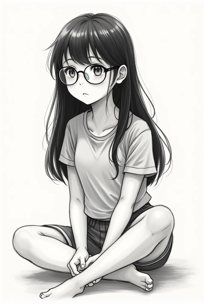 Freehand drawn illustration of a girl sitting down with long black hair (not so long) without bangs and round glasses and it looks like a sketch