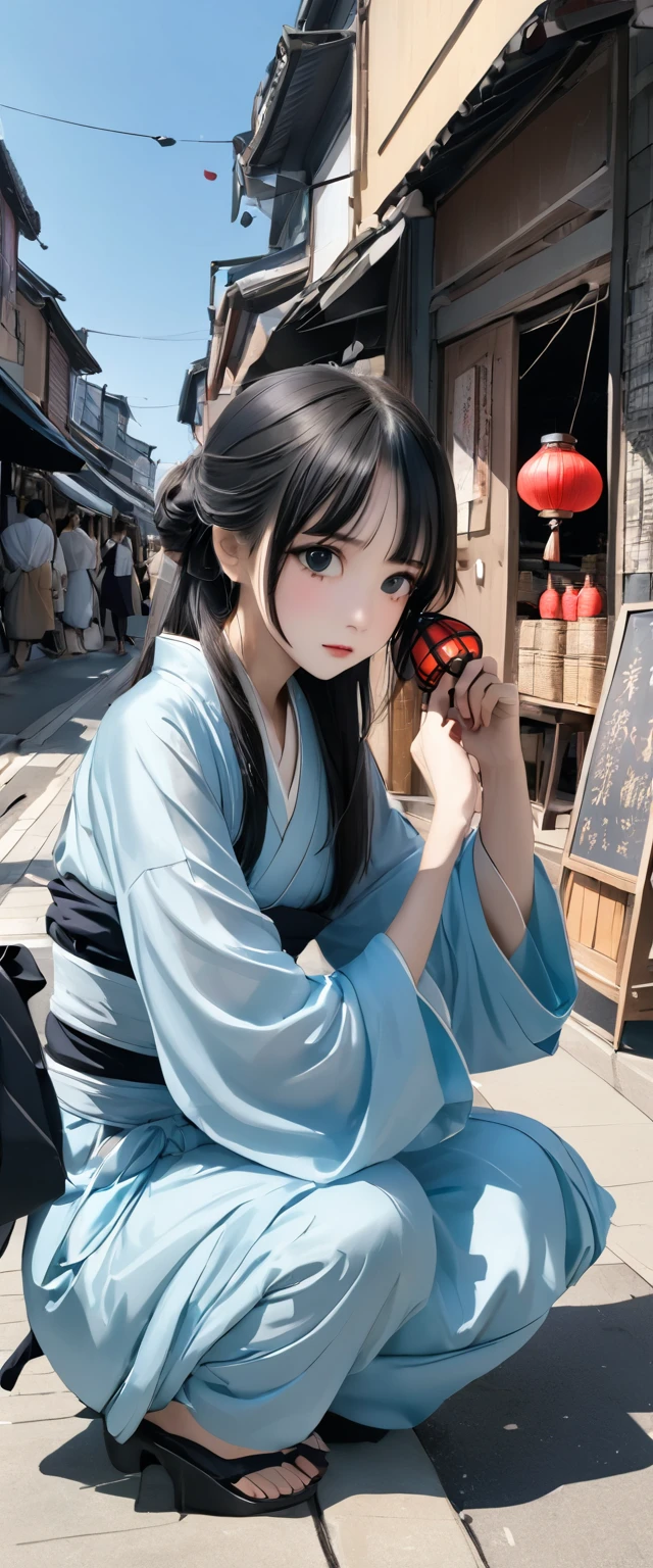 A woman wearing a light blue silk Hanfu。Squat on the street。Messy black hair。forehead。Half-length photo。black eyes。Clothes flutter in the wind。Serious expression。Holding a lantern。Fashion pose。Solitary。Market Street。blue sky。Delicate silhouette。