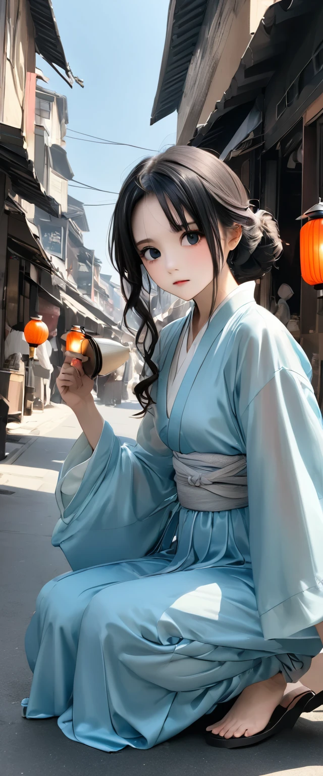A woman wearing a light blue silk Hanfu。Squat on the street。Messy black hair。forehead。Half-length photo。black eyes。Clothes flutter in the wind。Serious expression。Holding a lantern。Fashion pose。Solitary。Market Street。blue sky。Delicate silhouette。