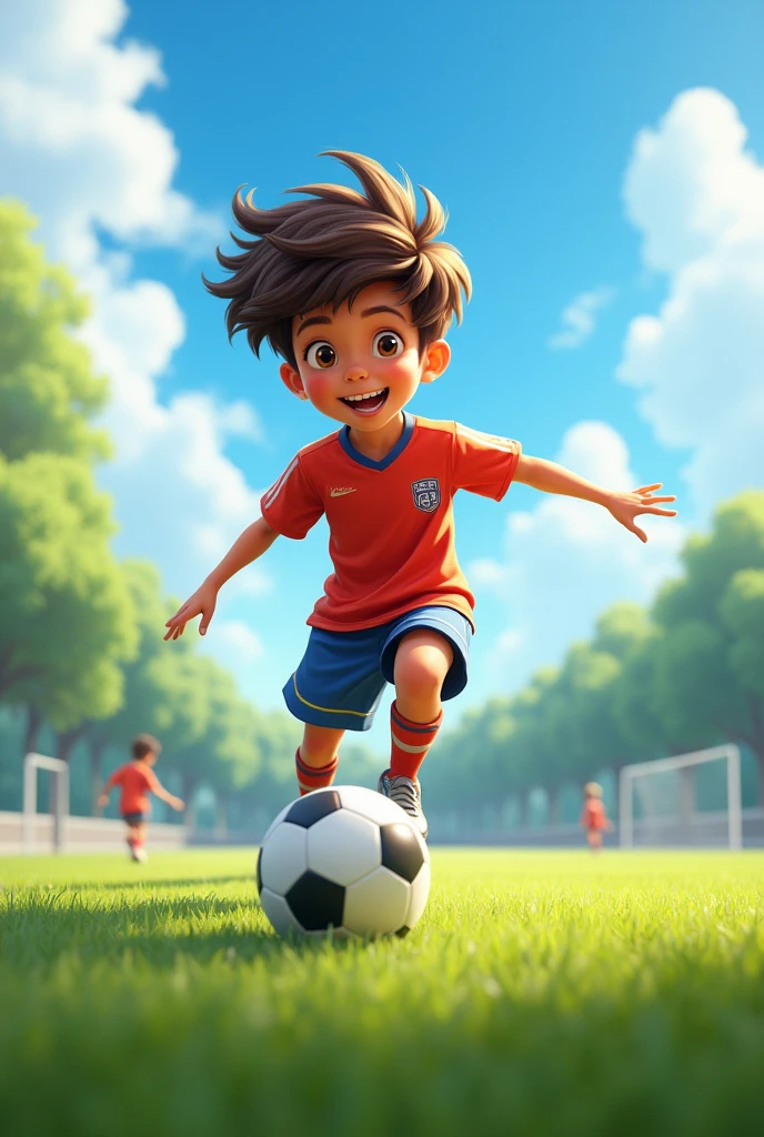 A boy with brown curly hair is playing soccer. And it is tall
