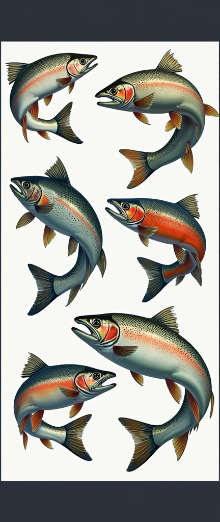 one hundred any freshwater fish trout, in one big picture means completeness, endless pattern, arranged in a chaotic manner, illustration for a postcard, vector, award-winning, masterpiece, epic,((Realism)),4K, background epic river bottom
