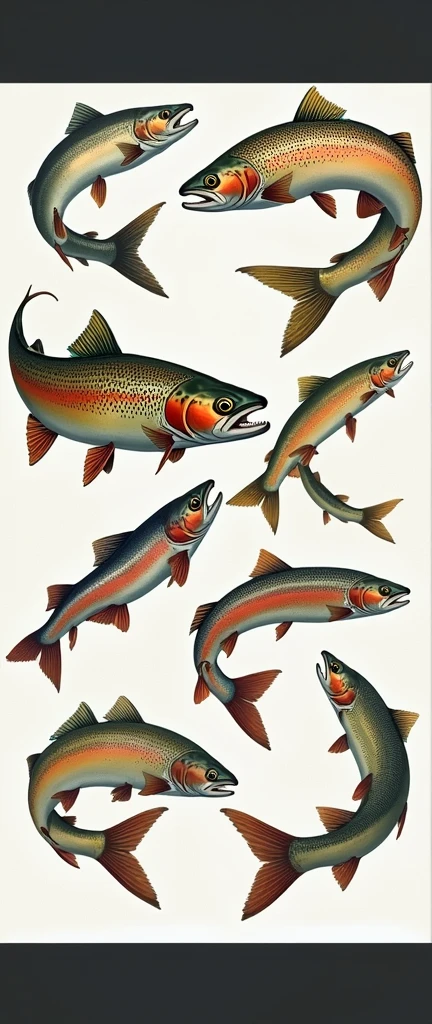 one hundred any freshwater fish trout, in one big picture means completeness, endless pattern, arranged in a chaotic manner, illustration for a postcard, vector, award-winning, masterpiece, epic,((Realism)),4K, background epic river bottom