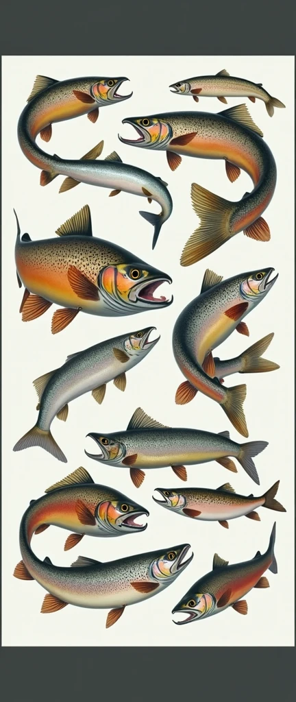 one hundred any freshwater fish trout, in one big picture means completeness, endless pattern, arranged in a chaotic manner, illustration for a postcard, vector, award-winning, masterpiece, epic,((Realism)),4K, background epic river bottom
