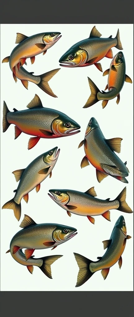 one hundred any freshwater fish trout, in one big picture means completeness, endless pattern, arranged in a chaotic manner, illustration for a postcard, vector, award-winning, masterpiece, epic,((Realism)),4K, background epic river bottom
