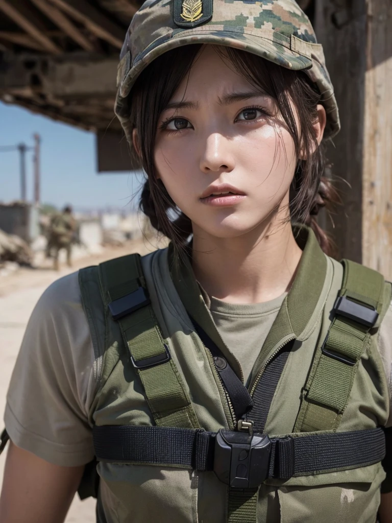 Female soldier fighting in a war-torn city,Heavy breathing,Sweaty,