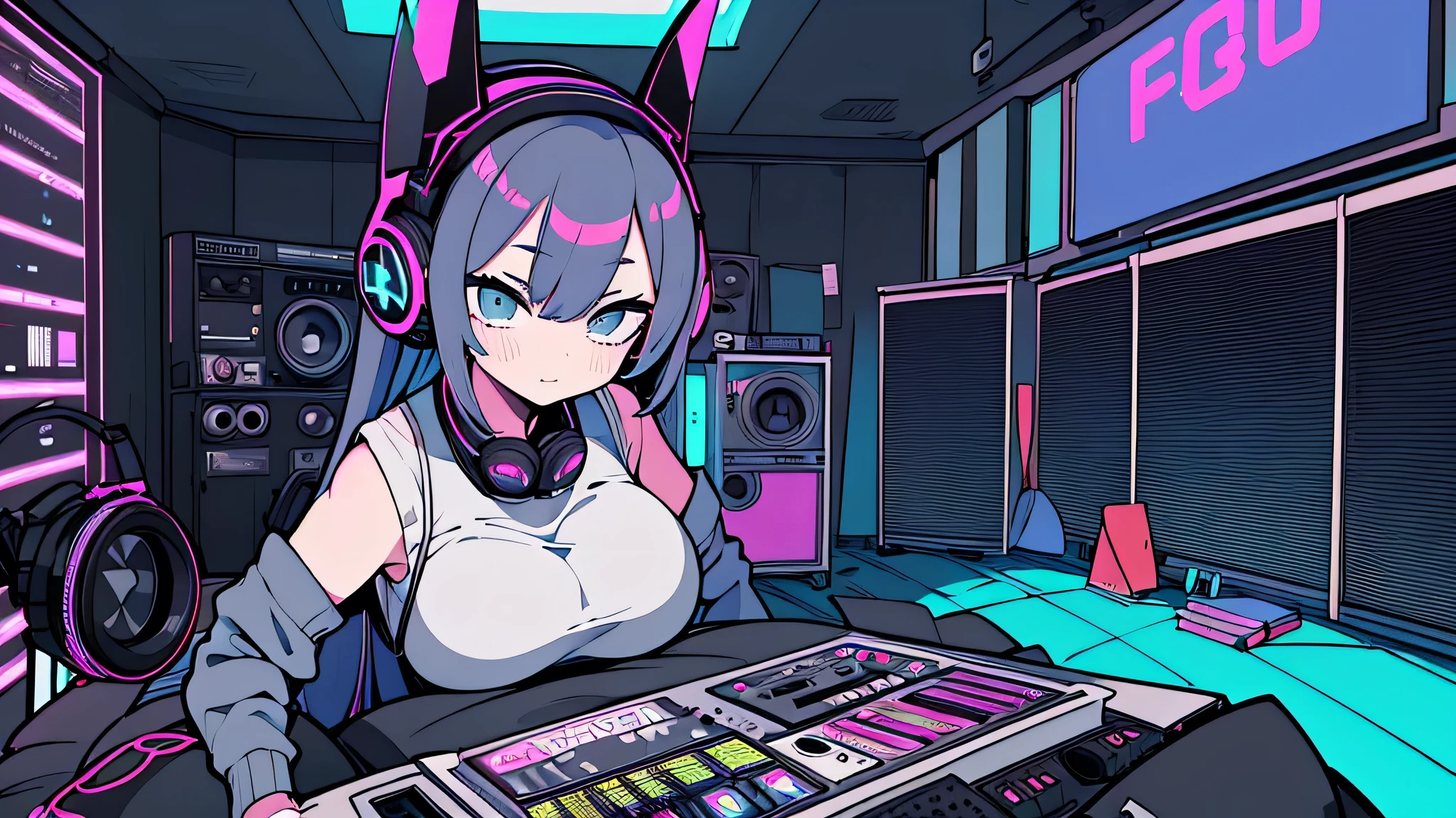 Best quality, (masterpiece), best detail face,1 girl, big breasts, 18 yo, 8k,absurdres,unity 8k wall paper,(extremely detailed:1.3), highest realistic, (retro headphones:), (soft neon light:), (psychedelic), Her room full of music equipment and records, sports wear , See the whole room , dark grey color pallet
