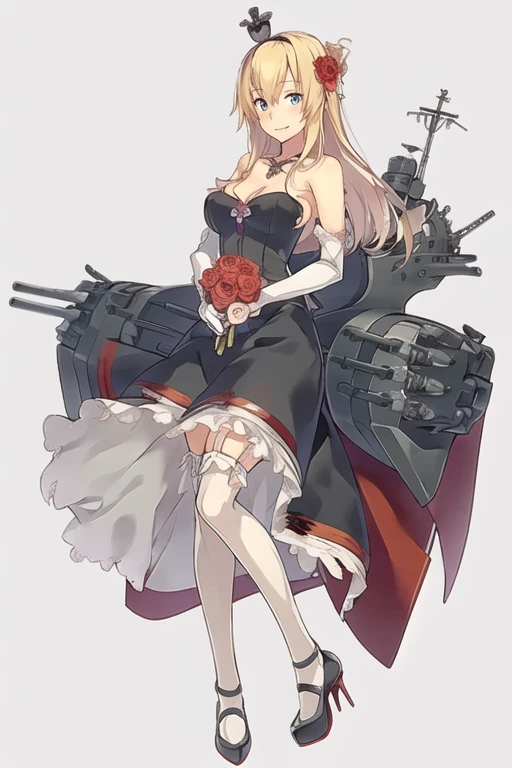 warspite \(kancolle\),((masterpiece)),(((best quality))),((ultra-detailed)),((illustration)),((disheveled hair)),((frills)),(1 girl),(solo),1girl,bangs,bare shoulders,black dress,black flower,black footwear,black legwear,black ribbon,black rose,blood,bouquet,breasts,camellia,cat,cleavage,closed mouth,collarbone,dog,dress,elbow gloves,flower,full body,garter straps,gloves,gradient,***,hair flower,hair ornament,high heels,holding bouquet,holding flower,jewelry,long hair,looking at viewer,medium breasts,orange eyes,pink rose,pubic tattoo,purple rose,red flower,red rose,rose,rose petals,rose print,shoes,solo,spider lily,spot color,standing,strapless,strapless dress,stuffed toy,thighhighs,thorns,white cat,white rose,Black wedding dress,long wedding dress, Blue eyes with highlights,Blonde long hair(delicate eyes),