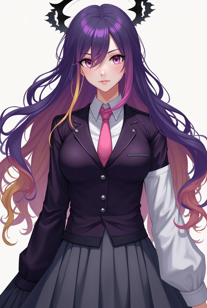 Beautiful long haired girl. Her front hair colours are purple, yellow and 1 pink strand hair. Her back hair colour is brown. She has a black halo. She wears dark purple jacket and pink tie. Her right sleeves is white and her left sleeves is black. She wears a gray skirt