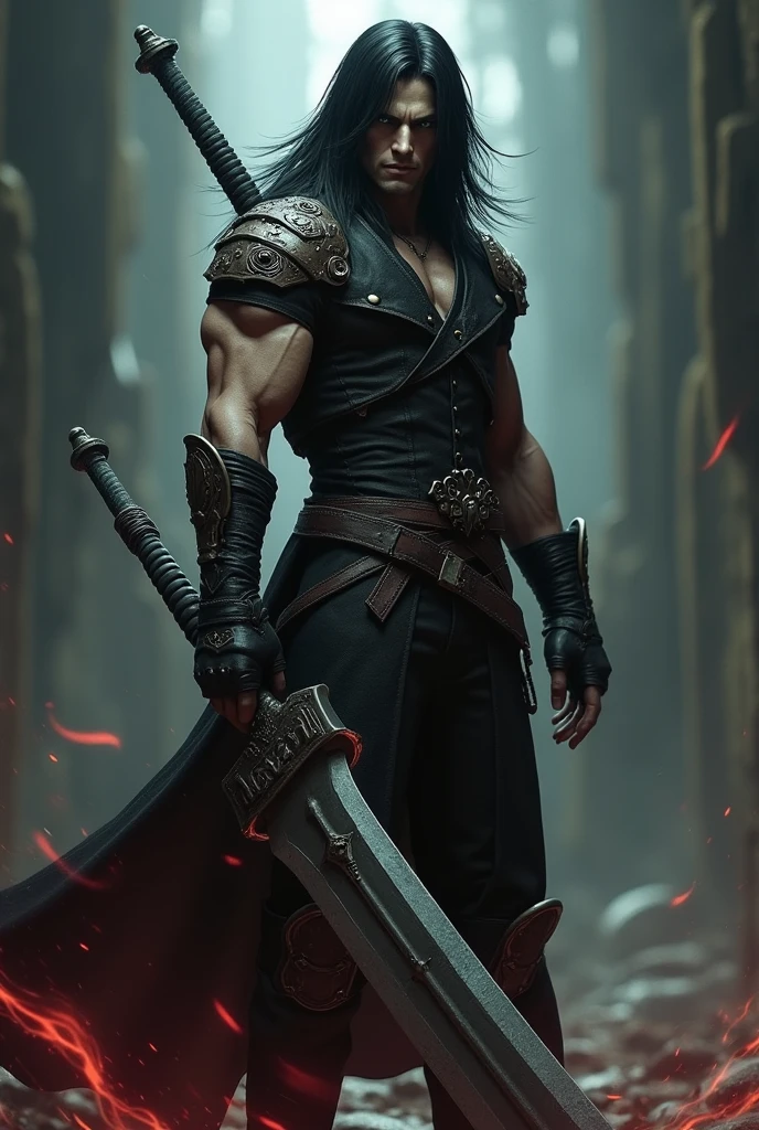 Male ps2 character with long black hair similar to devil may cry 3 with big sword and playstation 2 graphics
