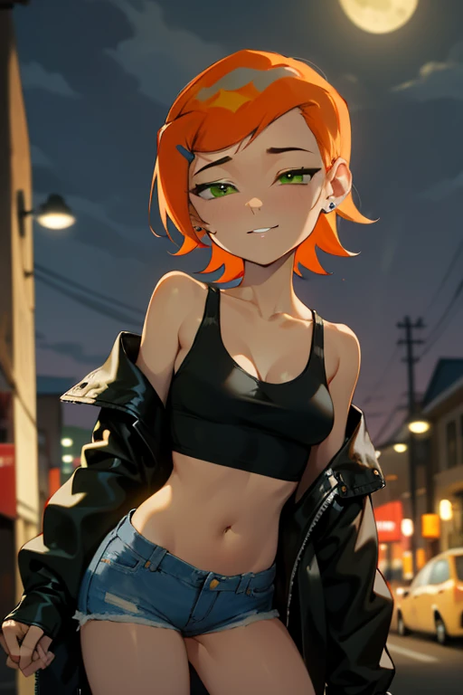 (Masterpiece), Best Quality, ultra-detailed, 1girl (Gwendolyn_Tennyson,  medium breasts, orange hair,  short hair, green eyes, half-closed  eyes), a  seductive face,  wicked smile, parted lips,  facing viewer, looking at viewer, solo, black  jacket, leather jacket,undress, bare  one 
shoulder,  white tank_top, cleavage, navel,  denim  short shorts, outdoors, nighttime, night street,  standing, Sexy waist teasing , a provocative pose 