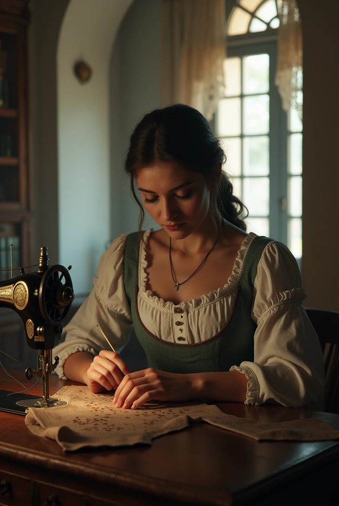 “A hyper-realistic, photorealistic, and cinematic scene of a 19th-century seamstress working inside a colonial house in Bogotá. Policarpa discreetly spying or passing messages while working. Format 9:16 for YouTube videos on mobile phones.”
