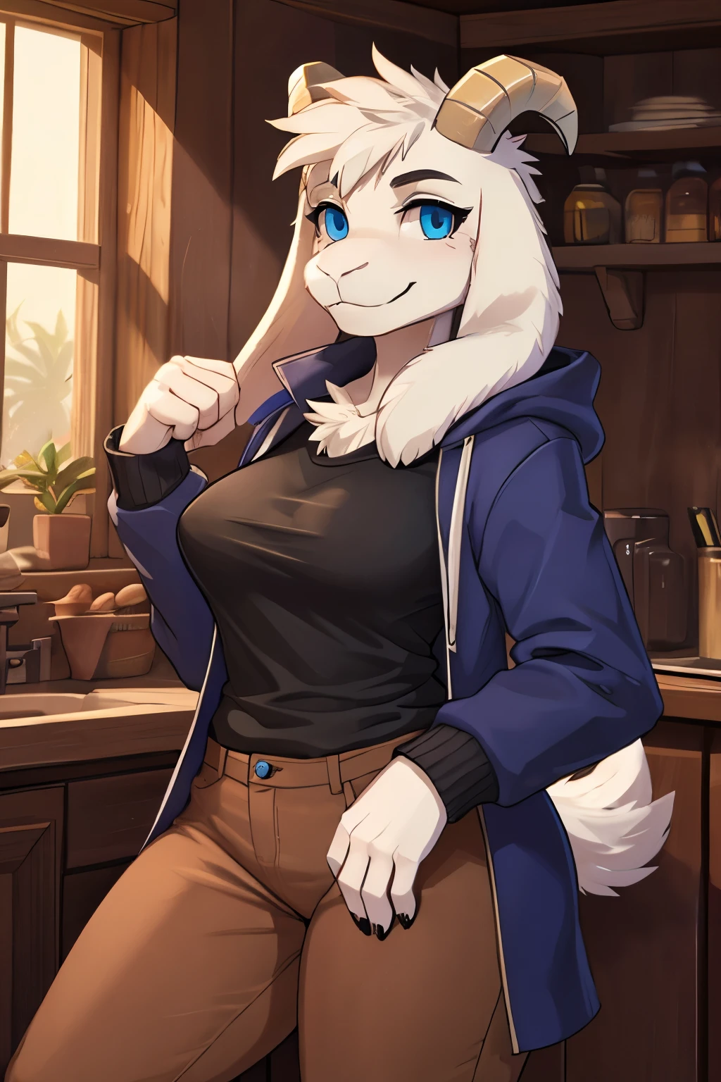 woman, alone, in a house, furry, goat, anthropomorphic goat, Asriel, Undertale, medium breasts, big ass, medium wide hips, perfect body, tall, long hair, blue eyes, anthro face, cartoon, smile, blue coat, black t-shirt, brown pants, goat tail, looking at viewer, goat paw, anthro paw, detailed, best quality, best detail, details and quality.