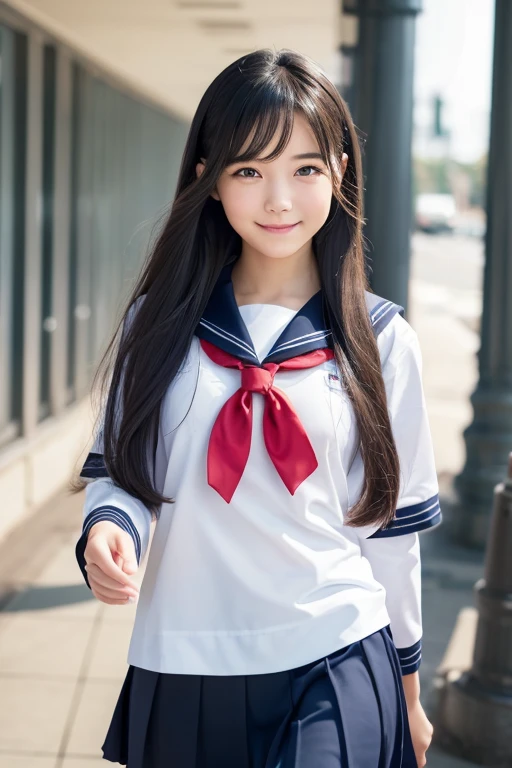 (Raw photo:1.2), (Photorealistic:1.4),Sailor suit,A young woman with long hair who looks both young and grown-up,Calm expression,Gently glance over,Long black hair,Background is a school hallway,Running with her skirt fluttering,The woman has a modest smile,10 second video