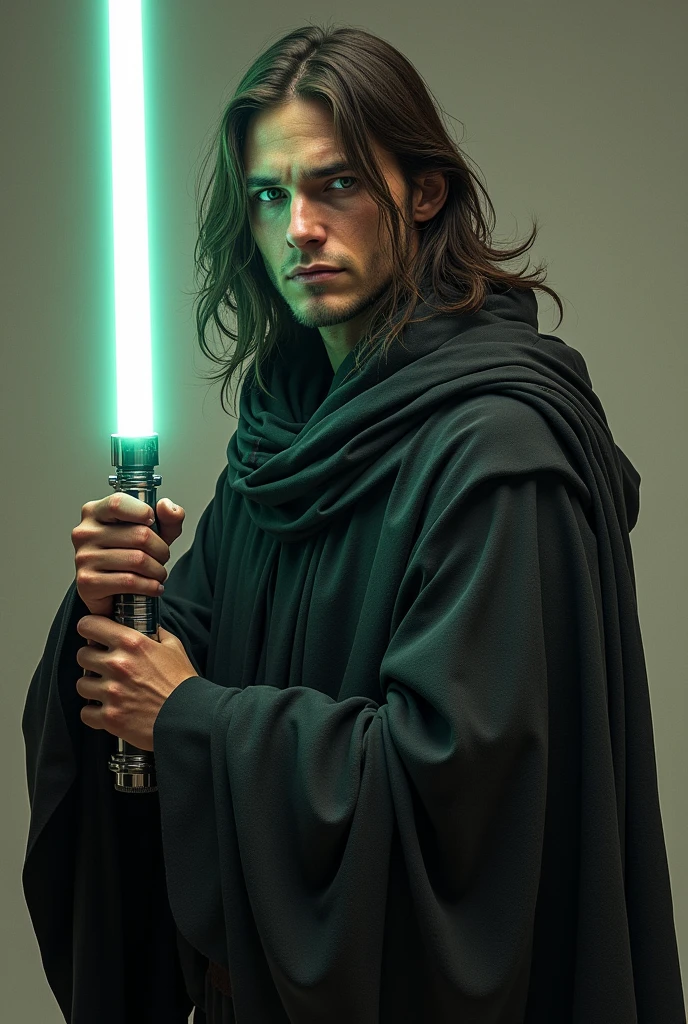 male star wars character with black poncho and green eyes long brown hair no beard And sad and hopeless expressions With a white saber