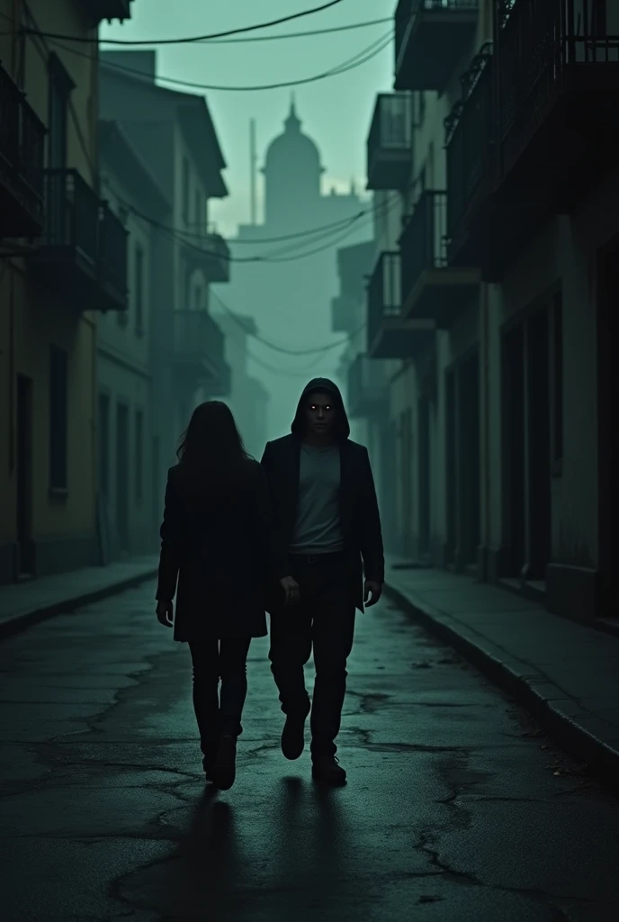 It shows a woman walking alone on a dark and deserted street in the city of La Paz.... (Bolivia). She turns around and sees a man near her, Now shows in close-up the look of this evil man, especially his eyes