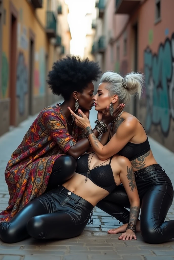 Three russian old milf women: the strong, muscular , dominant dark skinned gipsy woman (black afro, long african traditional colourful tunic, barefoot), squatting with possessive stance (arms around her two girlfriends' necks). At her feet, lying on the ground,her two caucasian girlfriends groping and kissing each other, weak, light grey hair, submissive and needy, feeling defeated and needy, in laid back postures with hands touching their thongs or their necks or chest, looking at each other with open mouths, arched back, different clothes but all wearing clothes in rock chic style. grey hair (bouffant, top bun, shaved sides). Big lips. Black lace push up bras, silicone breasts,, low rise skinny leather jeans. Both Barefoot.. Lots of thick wide studded bracelets, chain necklaces and big rings,. Long earrings with chains and feathers. Chains around their hips. Lounging lazily on the ground with bended knees, separated legs and arched backs. Lazy, leaning back, laid back pose, separated legs. Neck tattoed, chest tattoed, stomach tattoed, feet, hands, arms and wrists heavily tattoed. Toned abdominals, thin neck, slim legs and thin arms. Narrow hips. Both, open legs. Full body. At a Madrid narrow street with graffitied walls.