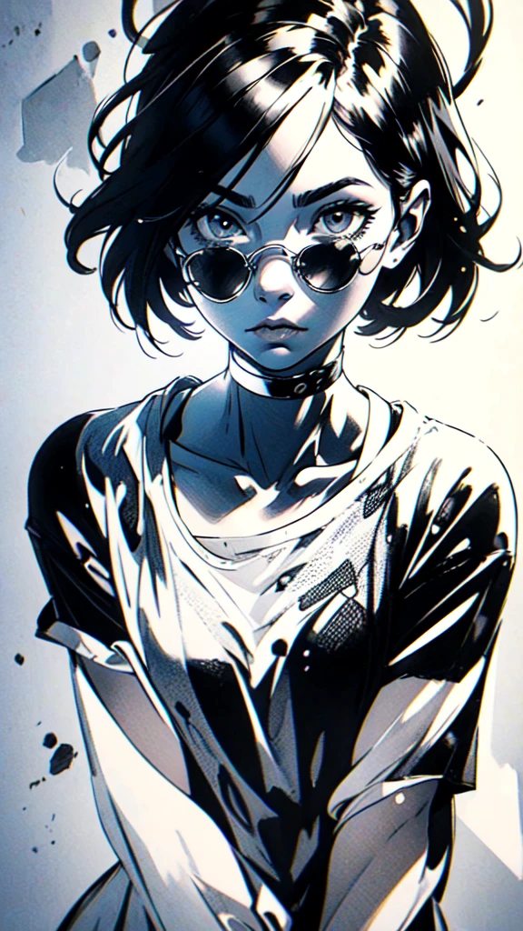 1 boyish girl, solo, sharp eyes, monochrome, greyscale, short black hair, portrait, white T-shirt, thin eyebrows, closed mouth, looking at viewer, graphite \(medium\), detailed lips, hatching \(texture\), without makeup, full bangs, upper body, (best illustration), (best quality), (very detailed), (masterpiece), expressionless,
