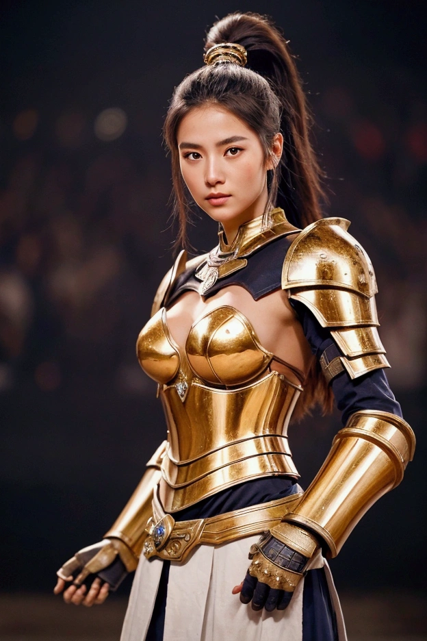 A beautiful girl in the guise of an ancient warrior, adorned with powerful armor, holds a radiant weapon in her hand, creating a strong and captivating image. The scene is set in an arena with a large audience, captured in high-quality photography."





