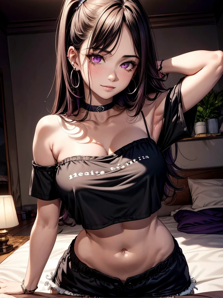 Mexican girl, piel morena, alrededor de 30 años, violet&brown hair, glowing pink eyes add high definition_detail:1, tribal tattoo add_detail:1,pose in bed, scoating position during a full moon showing off her beautiful figure and her outfit (black blouse, black cargo pants) sweaty body add_details:1, smiling add_detailsl:1, ear piercing add_detail:1, fullbody view, pelo con un largo medio, caderas anchas, small bust, pechos pequeños, whole body view, gross fille, butterfly sitting on bed