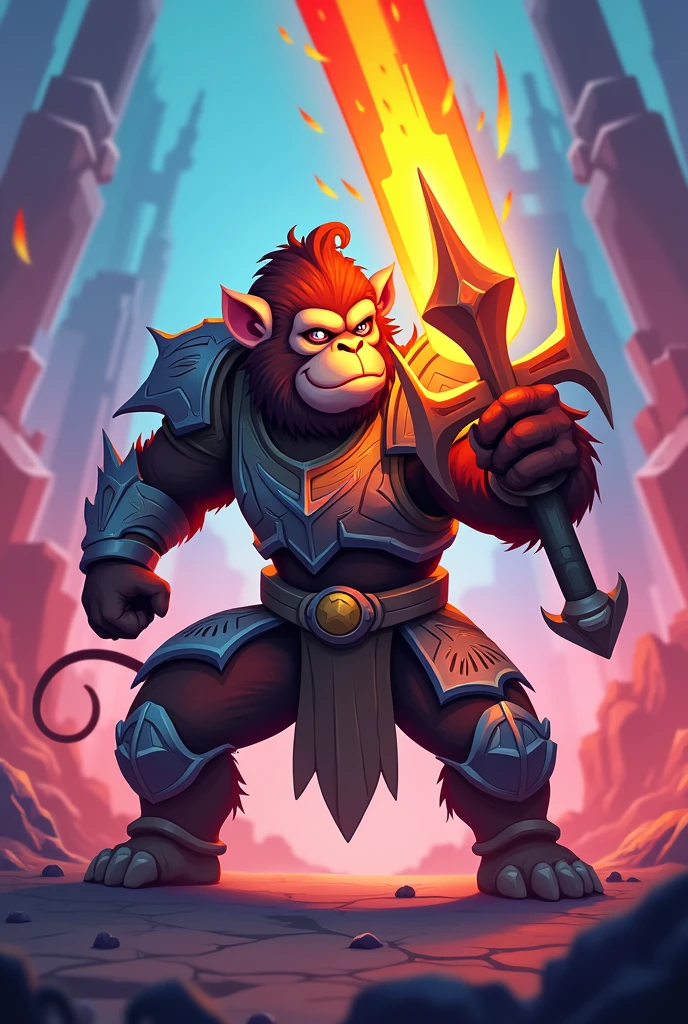 Desenho estilo Brawl stars, armored monkey holding a flaming sword, 