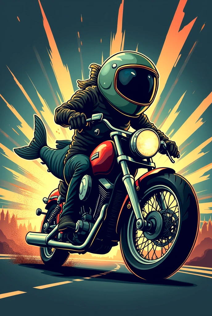Motorcycle club logo, a fish riding a motorcycle, wear a helmet, while giving off rays as it advances