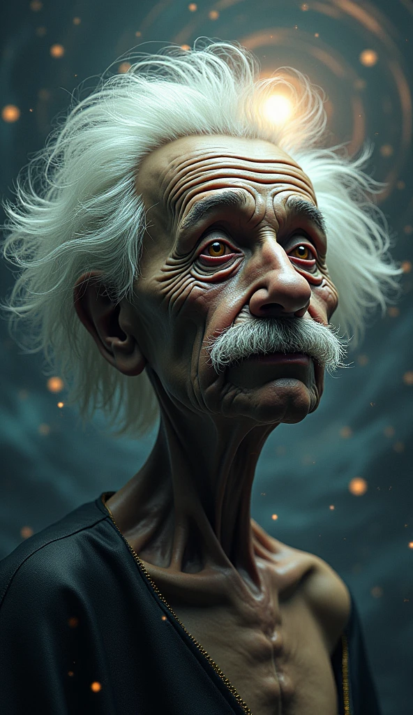 illustration that embodies human stupidity and greed, deformed figure of Einstein, background galaxy, black hole, graphic CG digital artwork