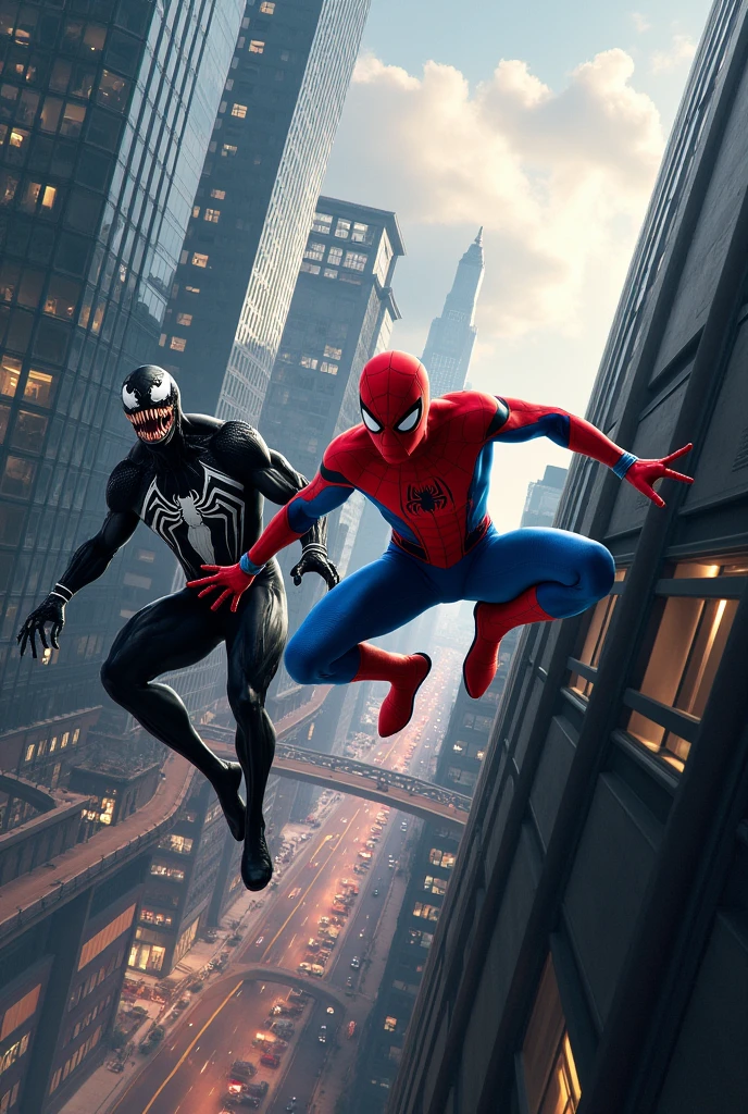 create a horizontal laptop wallpaper, the background should be realistic and have spiderman and vennon in a modern city 
