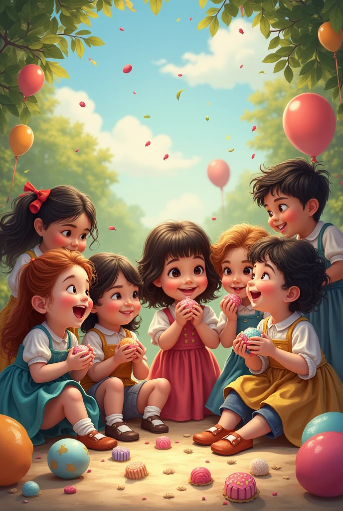Children of various ethnicities eating sweets and playing in period clothing, colored image, lots of sweets and toys to have fun, balloons, Cosmas and Damian