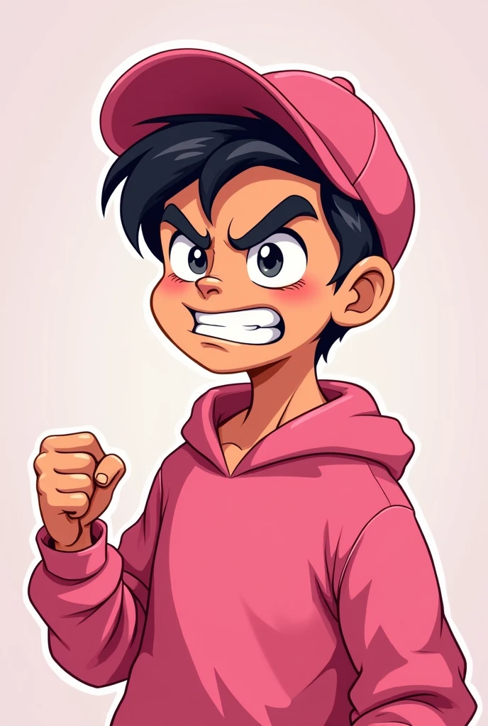 Cartoon of a 20 year old boy, with pink cap, pink sweatshirt, with a furious face and clenching his hand into a fist